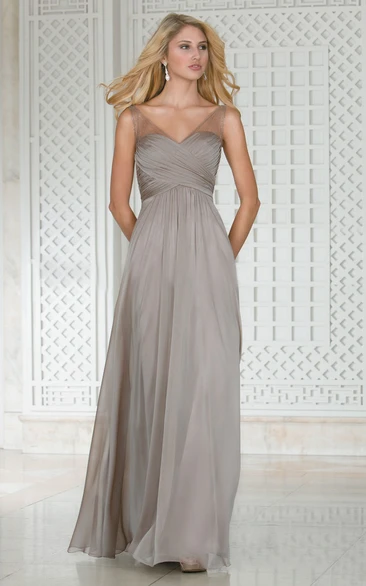Illusion Straps V-Neck A-Line Bridesmaid Dress with Pleats Elegant Bridesmaid Dress