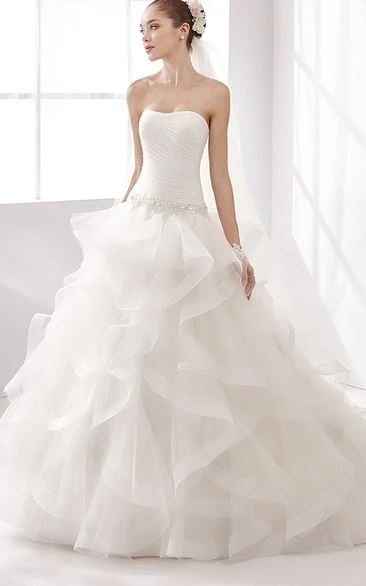 Pleated A-line Cascading Ruffles Wedding Dress with Strapless Design