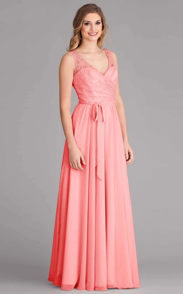 Lace V-Neck Chiffon Bridesmaid Dress with Bow Sleeveless Elegant Women's Dress