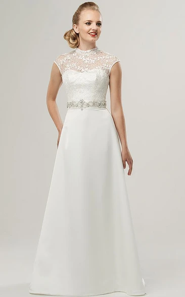 Satin&Lace High-Neck Wedding Dress with Cap-Sleeves and Jewels