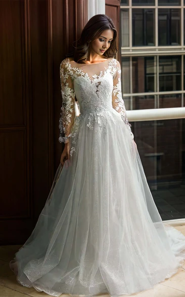 A-Line Lace V-neck Ethereal Elegant Fairy Wedding Dress with Court Train Long Sleeve Button Back