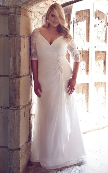 Plus Size Chiffon Wedding Dress with Draped V-Neck and Broach Elegant Sheath Style