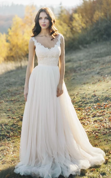 Lace Detailed Tulle Wedding Dress with Illusion Neck and Back + Elegant Bridal Gown