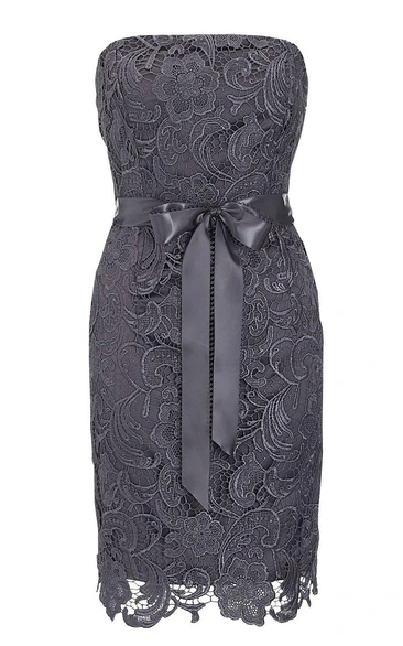 Lace Strapless Sheath Formal Dress with Bow Tie