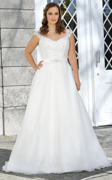 Satin Brush Train A-Line Wedding Dress with V-Neck and Cap Sleeves