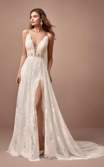 Tulle Lace Wedding Dress Split Front Plunging Neckline Court Train Sexy Elegant
