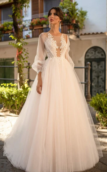 Tulle Bateau Wedding Dress with Poet Puff Long Sleeve and Zipper Back Sexy Ball Gown Wedding Dress