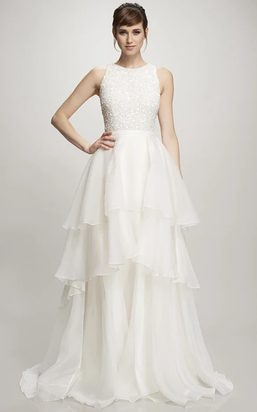 Beaded Organza A-Line Wedding Dress with Sleeveless and Tiers Zipper Back