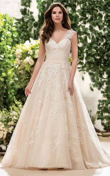 A-Line Wedding Dress with Cap Sleeves V-Neckline and Keyhole Back