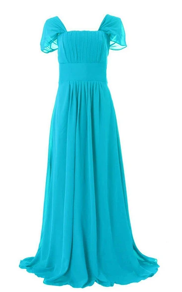 Elegant A-Line Short-sleeved Square-neck Chiffon Dress With Pleats