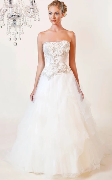 A-Line Ruffled Strapless Tulle Wedding Dress with Beading and Flower Flowy Bridal Gown