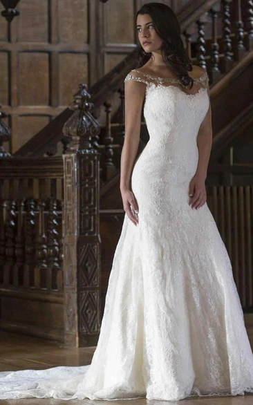 Appliqued Lace A-Line Wedding Dress with Beading Floor-Length and Scoop Neck