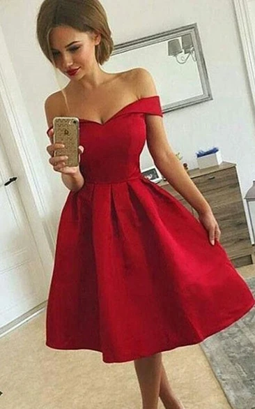 Off-the-shoulder A-line Ruching Satin Tea-length Homecoming Dress