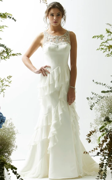 Cascading-Ruffle Satin&Chiffon Wedding Dress with Illusion Back Sheath Bridal Gown