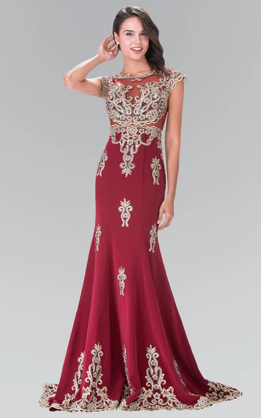 Scoop-Neck Cap-Sleeve Jersey Formal Dress With Appliques and Beading Trumpet Style