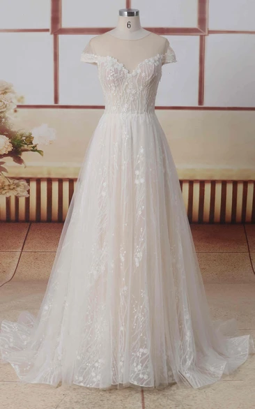 A-line Lace Tulle Wedding Dress with Illusion Sleeves and Jewel Neckline Classic Bridal Gown
