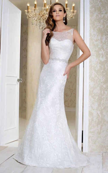 Embroidered Satin Wedding Dress with Illusion and Sweep Train Classic Bridal Gown