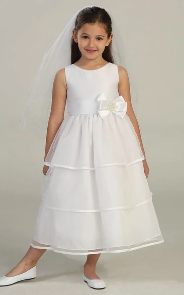 Organza & Satin Flower Girl Dress with Bow Detail Sleeveless Wedding Dress