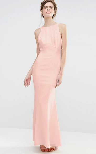 Jewel-Neck Sheath Chiffon Bridesmaid Dress Cascading Ruffles Floor-Length