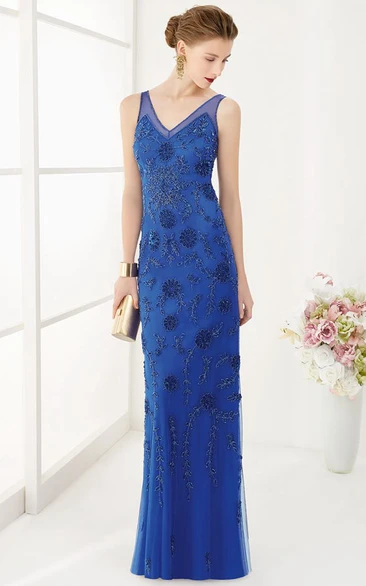 Sheath Long Dress with Crystal Flowers & V-Back Elegant Formal Dress