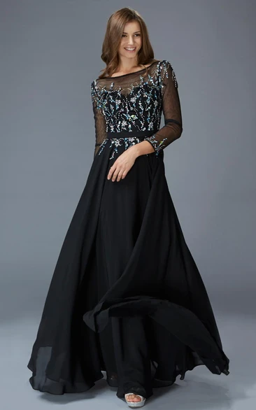 Beaded Illusion Long Sleeve A-Line Formal Dress in Chiffon