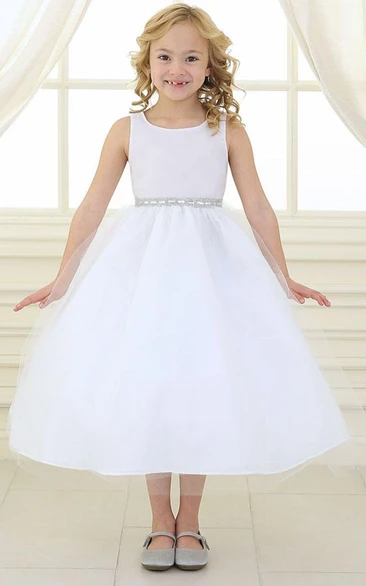 Beaded Satin Tulle Flower Girl Dress