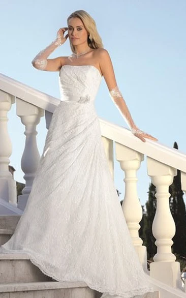 Lace A-Line Strapless Wedding Dress with Draping and Brooch