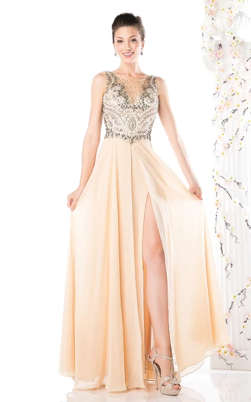 A-Line Chiffon Beaded Formal Dress with Split Front and Deep-V Back