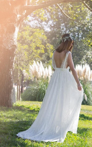 Bohemian V-Neck Long Lace Wedding Dress