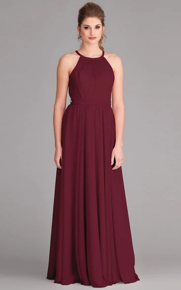 Sleeveless Scoop Neck Chiffon Bridesmaid Dress With Pleats and Bow