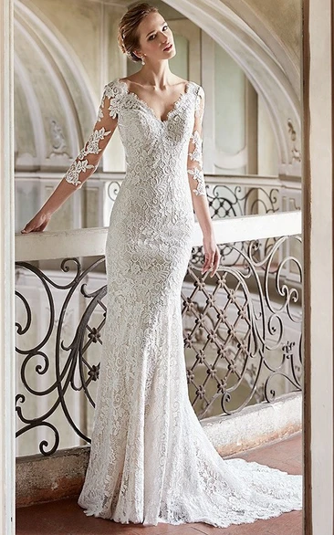 Sheath Lace Wedding Dress with V-Neck 3/4 Sleeves and Backless Design Unique Bridal Gown