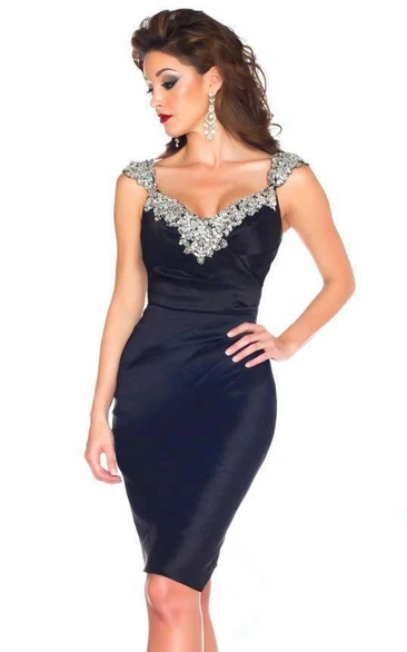 Cap Sleeve Satin Sheath Dress with Crystals and Beadings Modern Prom Dress