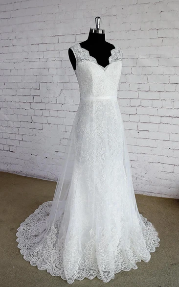 Sleeveless Lace Wedding Dress with Lace Trim Double Layered & V-Neck