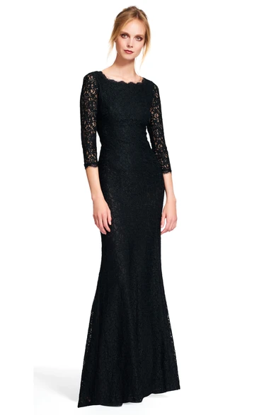 Lace Bateau Neck Sheath Bridesmaid Dress with 3-4 Sleeves and Floor-Length