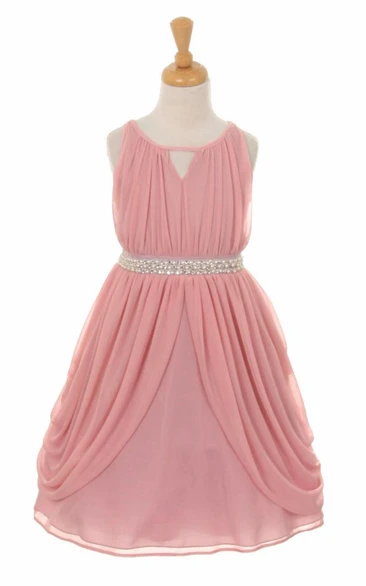 High Neck Pleated Chiffon Flower Girl Dress Tea-Length with Ribbon