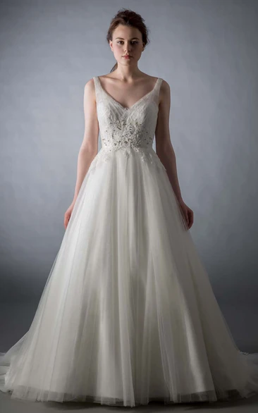 Beaded Tulle Wedding Dress with V-Neck Floor-Length Court Train & V Back