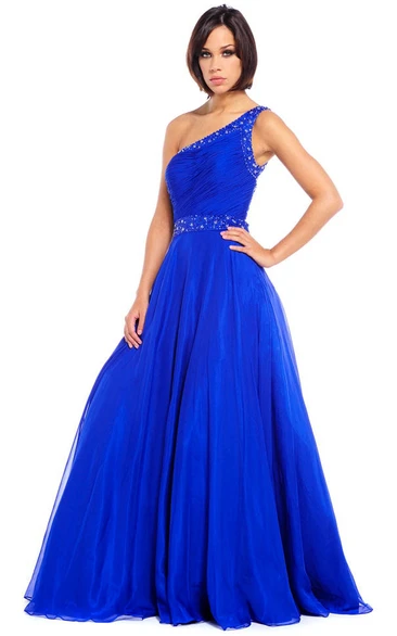 Maxi Chiffon One-Shoulder Prom Dress with Ruching and Beading