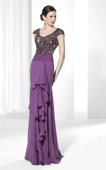 Maxi Sequined V-Neck Cap-Sleeve Prom Dress with Beading Modern Prom Dress