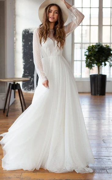 Elegant A-Line Chiffon Wedding Dress with Long Sleeves and Deep-V Back