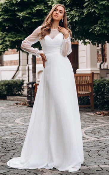 Chiffon Bateau A-line Long Sleeve Button Wedding Dress with Sweep Train