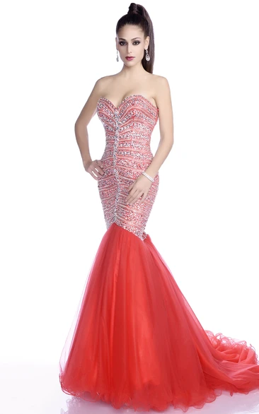 Mermaid Tulle Sweetheart Prom Dress with Crystal and Lace-Up Back