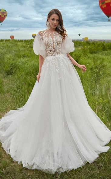 Tulle Court Train A-line Wedding Dress with Appliques Romantic and Dreamy