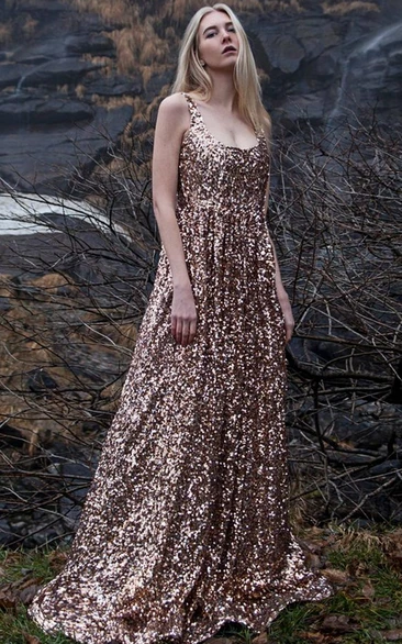 Sequin A-Line Square Neck Evening Dress for Women