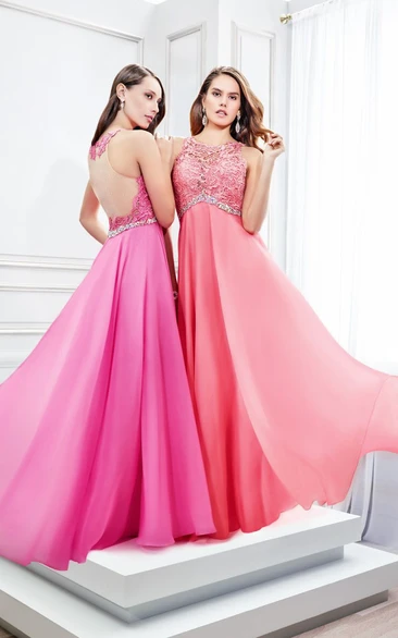 Satin Chiffon Floor-Length Prom Dress with Applique and Scoop Neck