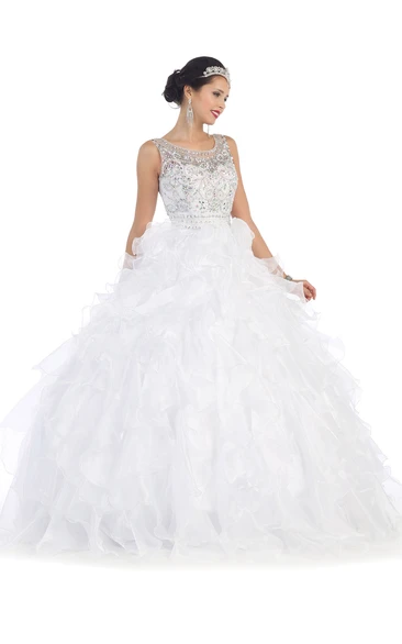 Organza Ball Gown Sleeveless Dress with Beading and Ruffles Formal Dress