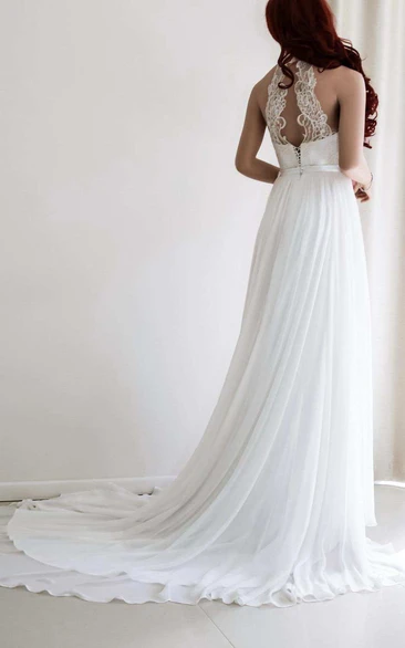 Empire Halter Lace Wedding Dress with Sweep Train and Pleats