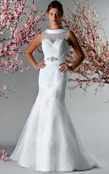 Crystal Applique Mermaid Bridal Gown with Satin Neckline and V-Back Modern Wedding Dress