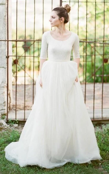 Lace Tulle A-Line Wedding Gown with Scoop Neck Zipper