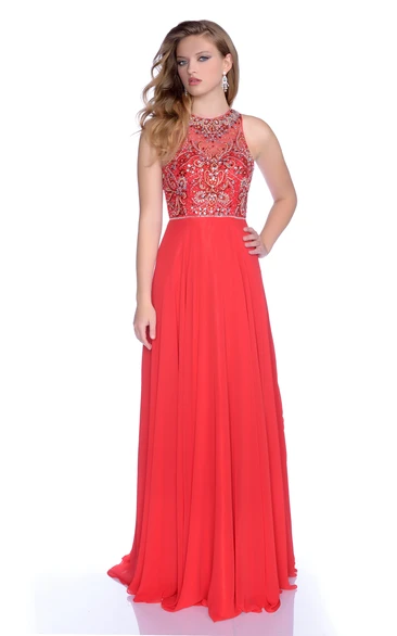 Jewel Neck Rhinestone Bodice Sleeveless A-Line Chiffon Prom Dress Flowy Prom Dress