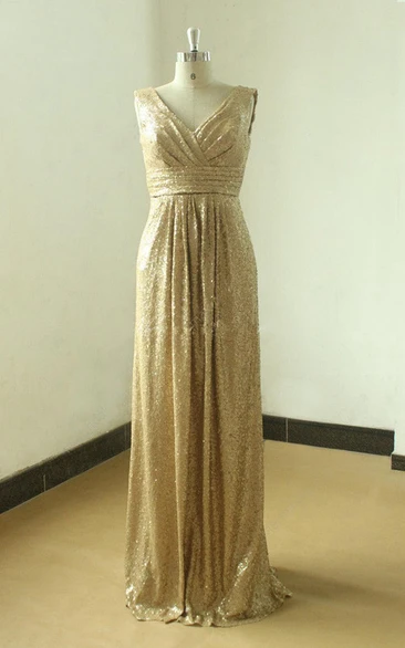 Gold Sequined V-neck Floor-length Formal Dress with Low V Back